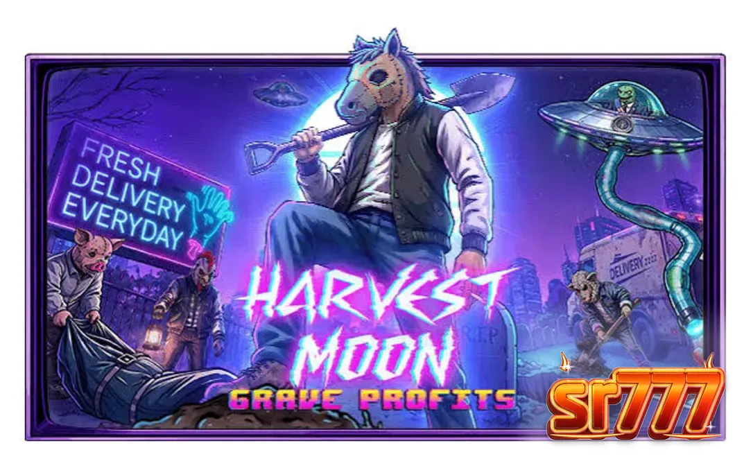 Tampilan layar permainan slot Harvest Moon Grave Profits dengan simbol-simbol organ dan karakter misterius.